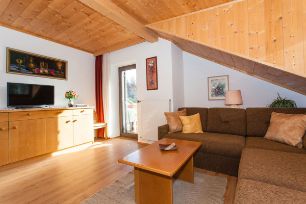 Geräumiges Wohnzimmer mit Ausblick auf die Südtiroler Bergwelt